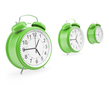 Watches alarm facing each other in a row with shadows isolated on white background. 3d illustration High resolutionの写真素材