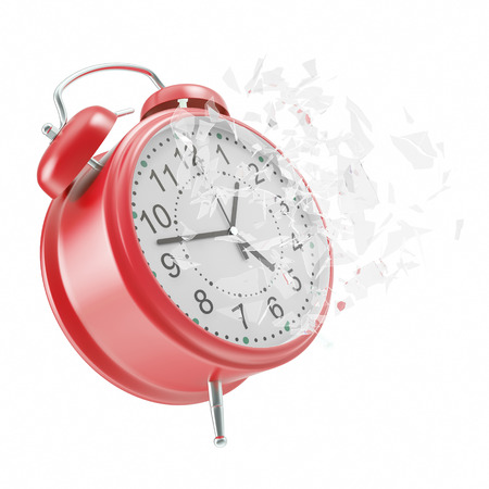 Soaring Clock alarm clock with broken glass shattered into small pieces. 3d illustration High resolutionの写真素材