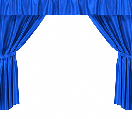Blue silk curtains with garter isolated on white backgroundの写真素材