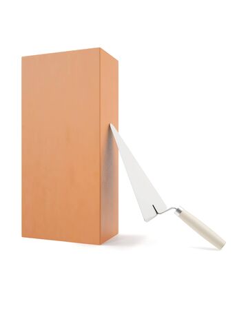Brick with trowel for construction, erection of buildings, isolated on a white background with shadows. 3d illustration High resolutionの写真素材