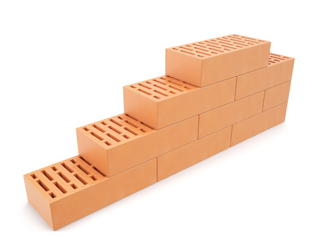 Building brick wall isolated on white background with shadows. 3d illustration High resolutionの写真素材