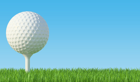 Golf ball on the green lawn, the grass with blue sky. 3d illustration High resolutionの写真素材
