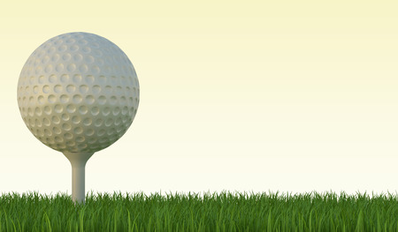 Golf ball on the green lawn, the grass with yellow sky. 3d illustration High resolutionの写真素材