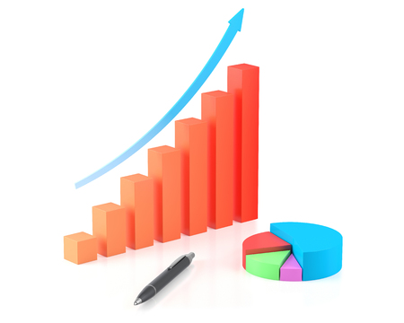 Statistics, analysis, tax, business concept graphic chart with pie chart and a pen isolated on white background. 3d illustration high resolution with reflectionsの写真素材