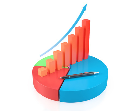 Statistics, analysis, tax, business concept graphic chart with pie chart and a pen isolated on white background. 3d illustration high resolution with reflectionsの写真素材