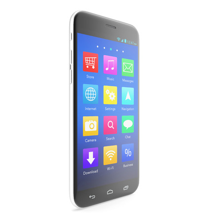 Smartphone touchscreen phone with applications on the screen, isolated on a white background with shadows. 3d illustration High resolutionの写真素材