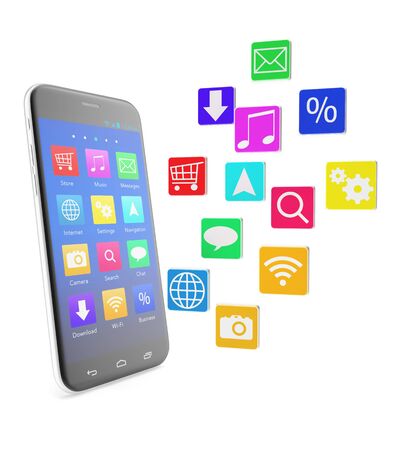 Smartphone touchscreen phone, with applications in the form of icons isolated on white background with shadow. 3d illustration of a high qualityの写真素材