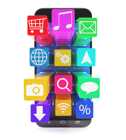 Touchscreen smartphone with applications as icons extruded from the screen, isolated on a white background. 3d illustration High resolutionの写真素材