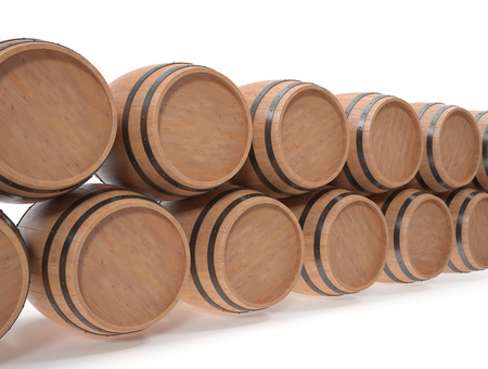 Wooden barrels for alcoholic drinks of beer, wine, rum, whiskey stock isolated on white background with shadows. 3d illustration High resolutionの写真素材