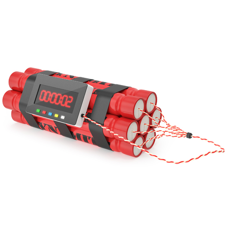 TNT dynamite red bomb with a timer isolated on a white background. 3d illustration High resolutionの写真素材