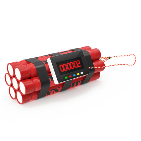 TNT dynamite red bomb with a timer isolated on a white background. 3d illustration High resolutionの写真素材