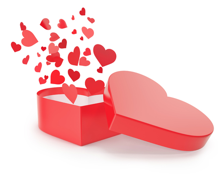 Open gift box with flow hearts. 3d illustration High resolutionの写真素材