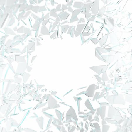 Broken glass in motion isolated on white background.