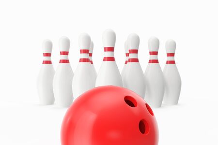 Red bowling ball in the foreground with the pins away, 3d illustrationの写真素材