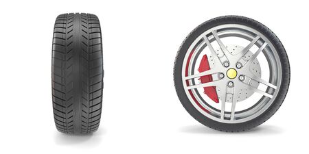 Chrome wheel with tires isolated on white background 3d illustrationの写真素材