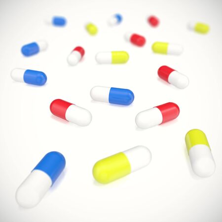 Colorful medication and pills from above, 3d illustration