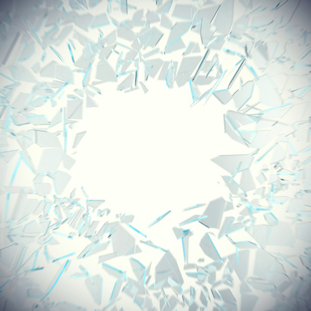 Abstract broken glass into pieces isolated on white background with place for text, 3d illustrationの写真素材