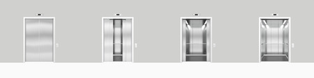 Set open and closed chrome metal office building elevator doors realistic 3d illustrationの写真素材