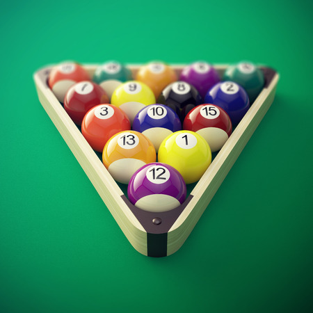 Pool billiard balls in a wooden rack. 3d illustrationの写真素材