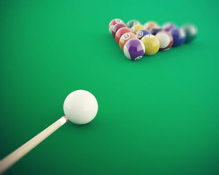 Billiard balls before hitting on a green billiard table. 3d illustration high resolutionの写真素材