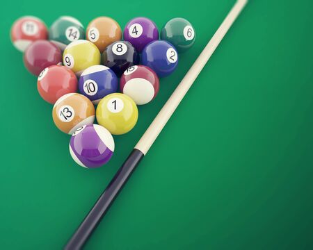 Billiard balls on the green table, with cue. 3d illustrationの写真素材