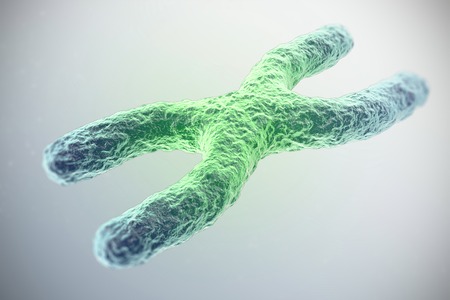 X chromosome, green in the center, the concept of infection, mutation, disease, with focus effect. 3d illustration.の写真素材