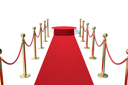 Red carpet with golden barrier and ropes. Stairway to speak. 3d illustration.の写真素材