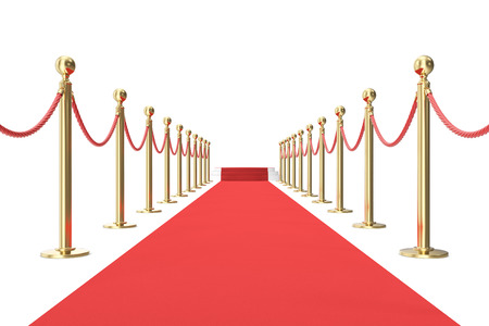 Red carpet with golden barrier and ropes. Stairs in the end. 3d illustration.の写真素材
