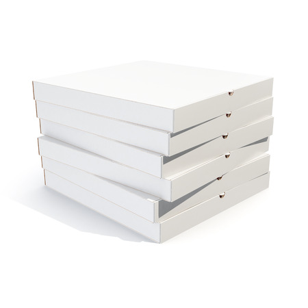Pizza boxes stack isolated on white, 3d renderingの写真素材