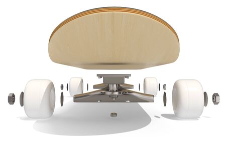 3d rendring disassembled schematic skateboard on white background, front viewの写真素材