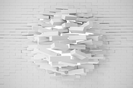 Destruction of a white brick wall. 3d illustration.の写真素材