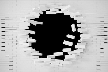 Destruction of a white brick wall for pasting anything text. 3d illustration.の写真素材