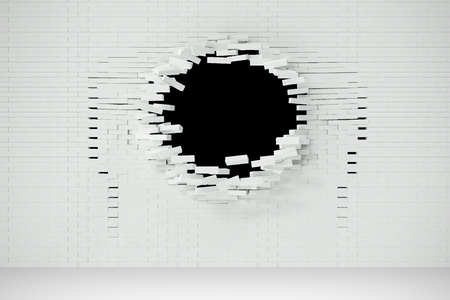 Explosion, destruction of a white brick wall, abstract background for Template for a content. 3d illustration.の写真素材