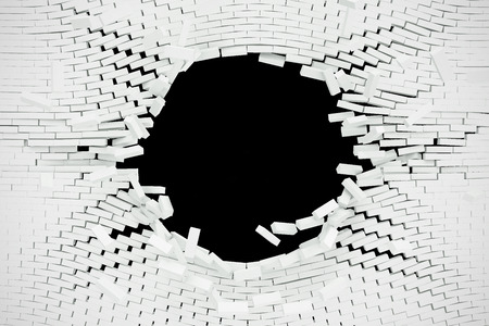 Destruction of a white brick wall for pasting anything text. 3d illustrationの写真素材