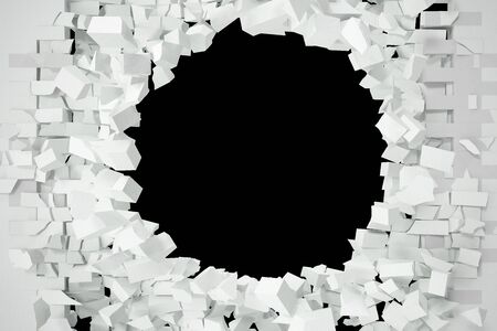 Destruction of a white brick wall for pasting anything text. 3d illustration.の写真素材