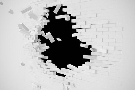 Destruction of a white wall with blank text. 3d illustration.の写真素材