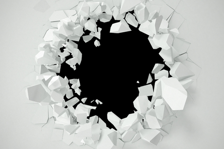 Cracked, destruction of a white wall, template for a content. 3d rendering.の写真素材
