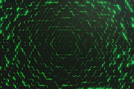 Abstract green glowing pattern, colorful background of futuristic surface with hexagons, 3d...