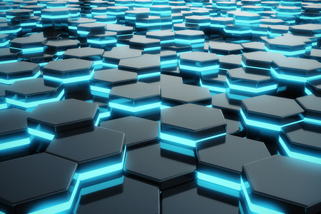 Abstract blue glowing of futuristic surface hexagon pattern, 3D Renderingの写真素材