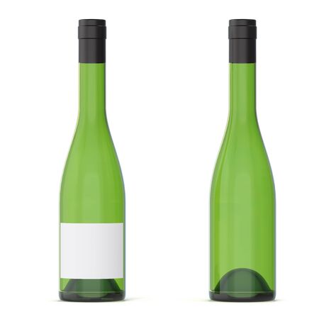 Two green wine bottles with blank labels, 3d rendering.の写真素材