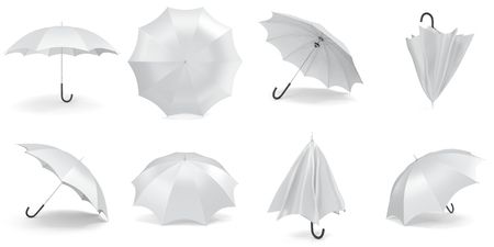 White umbrellas and parasols in various positions open and folded collection. 3d renderingの写真素材