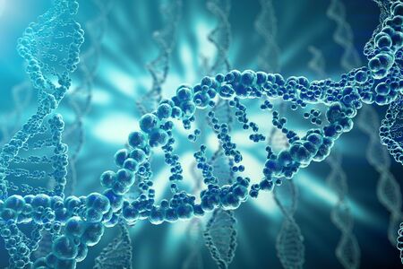 Concept of biochemistry with dna structure on blue background. 3d rendering Medicine concept.の写真素材