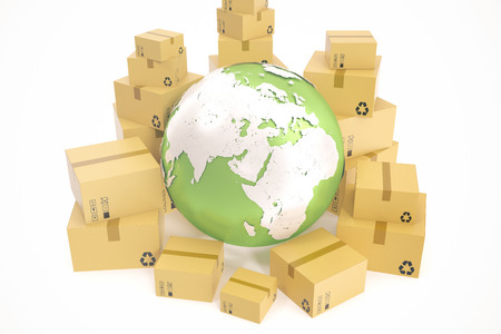 Cardboard box shipping and worldwide delivery business concept, earth planet globe. 3d rendering.の写真素材
