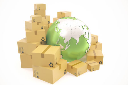Cardboard box shipping and worldwide delivery business concept, earth planet globe. 3d rendering.の写真素材