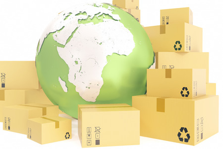 Cardboard box shipping and worldwide delivery business concept, earth planet globe. 3d rendering.の写真素材