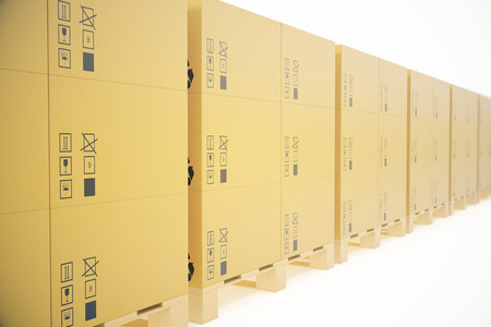 Stack of cardboard delivery boxes or parcels. Warehouse concept background. 3d renderingの写真素材