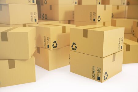Warehouse or delivery concept background. Heap of cardboard delivery boxes or parcels. 3d rendering