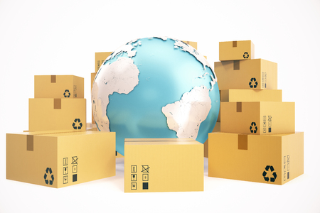 Cardboard box shipping and worldwide delivery business concept, earth planet globe. 3d rendering.の写真素材