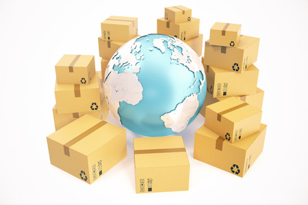 Cardboard box shipping and worldwide delivery business concept, earth planet globe. 3d rendering.の写真素材