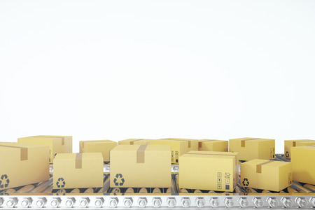 Packages delivery, packaging service and parcels transportation system concept, cardboard boxes on conveyor belt, 3d renderingの写真素材